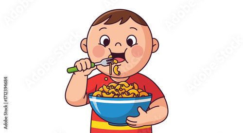 Adorable Cartoon Child Joyfully Eating a Big Bowl of Macaroni and Cheese with a Fork