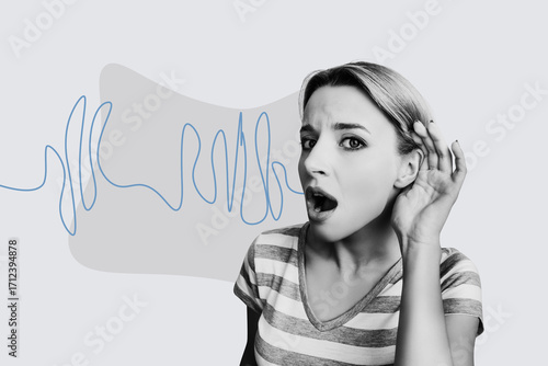 Composite creative art collage of astonished girl hold hand ear rumors gossip listener deaf secret whisper isolated on painted background
