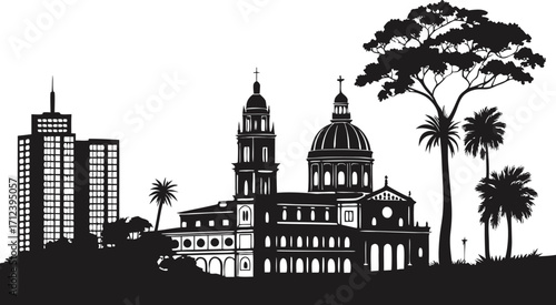 High resolution black and white city skyline silhouette design for modern urban visuals