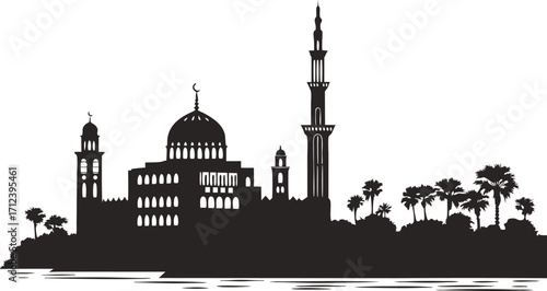 High resolution black and white city skyline silhouette illustration for design projects