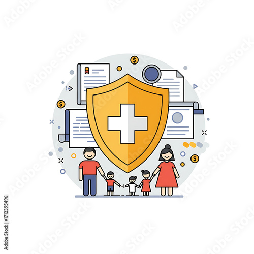 Family health insurance concept with shield and medical cross protection