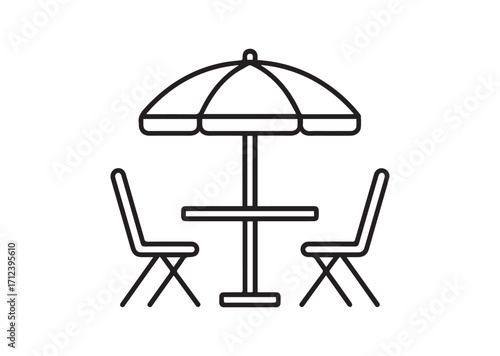 Umbrella and table with chairs Line art Vector