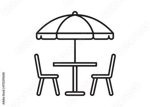 Umbrella and table with chairs Line art Vector