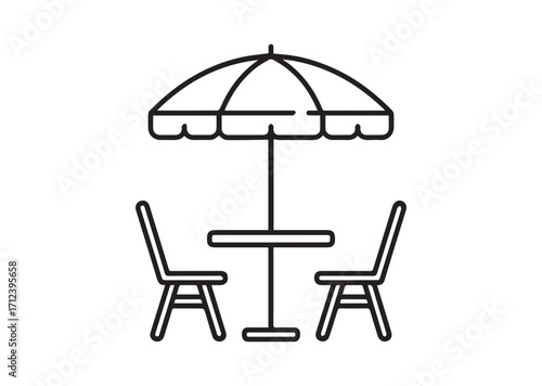 Umbrella and table with chairs Line art Vector