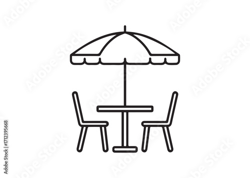 Umbrella and table with chairs Line art Vector