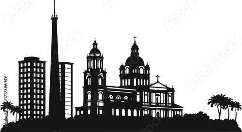 A high resolution black and white city skyline silhouette for modern graphic design projects