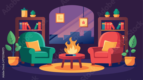A cozy reading corner with overstuffed chairs and a fireplace.