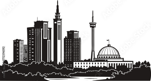 High resolution black and white city skyline silhouette illustration for modern urban designs