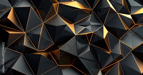 Abstract low-poly background featuring a chaotic arrangement of dark gray and gold triangles, creating a textured, three-dimensional effect