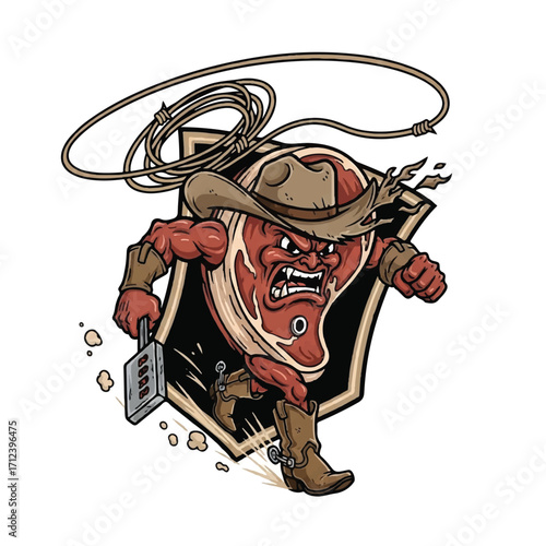 A cartoon steak, dressed as a cowboy, wearing a hat and boots, is running and brandishing a spatula while surrounded by a lasso.