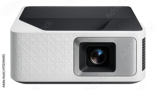 Ultra-short throw projector with a geometric pattern finish and NFC connectivity for seamless device pairing