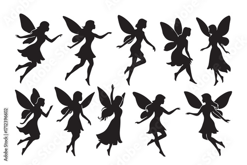 Collection of ten delicate fairy silhouettes in various poses isolated on white background