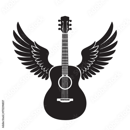 Striking black silhouette of an acoustic guitar with outstretched feathered wings isolated on white background