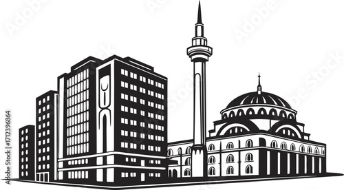 High resolution black and white city skyline silhouette design for modern urban graphics