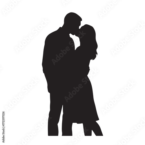 Romantic silhouette of a couple embracing and kissing tenderly isolated on white background