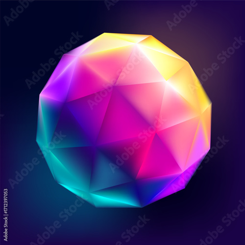 3D colorful polygonal sphere. Color geometric sphere on dark background.