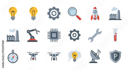 Industry Technology Icons Set Manufacturing Innovation.