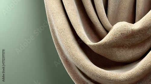Beige fabric softly draped on a muted sage green background, minimalist fashion textile backdrop --ar 16:9 --s 250
