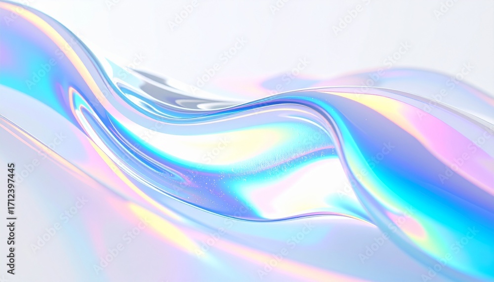 Obraz premium Iridescent Holographic Fluid Waves Abstract 水色に輝くホログラフィックな流体