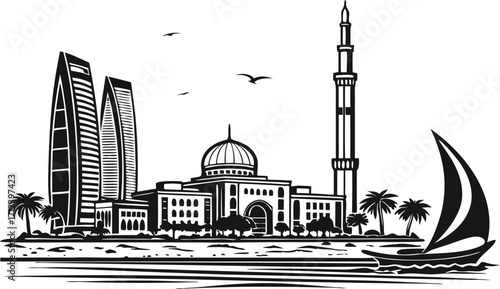 High resolution black and white city skyline silhouette for modern design projects