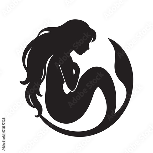 Stylized black silhouette of a mermaid curled within a circle isolated on white background