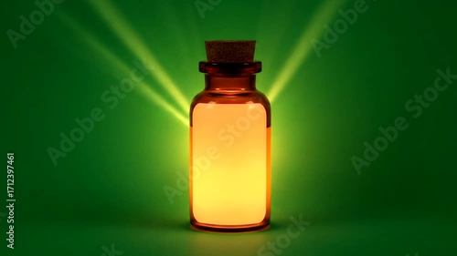 A glowing, amber glass bottle with a bright, luminous interior, set against a vibrant green backdrop.