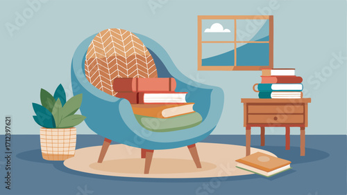 A cozy seating nook with a woven rattan chair a soft throw blanket and a stack of coastalthemed books.