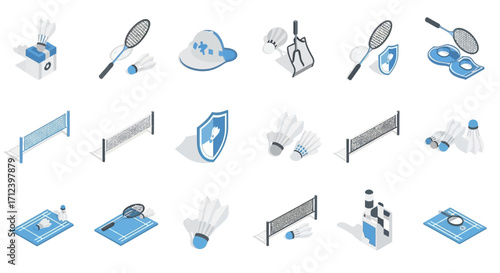 isometric badminton equipment and court illustrations.