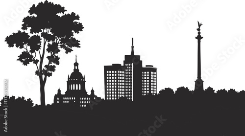 High resolution black and white city skyline silhouette graphic design for modern urban projects