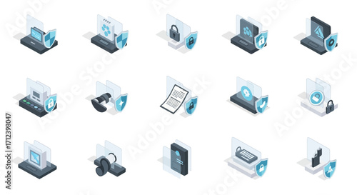 Isometric Data Security Icons - Network Protection and Cloud Security Concepts.