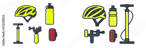 Cycling gear collection featuring a helmet, water bottle, pump, and tools for maintenance during outdoor rides
