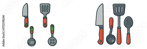 Kitchen utensils set with red and green handles on a white background for cooking and food preparation tasks