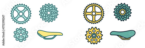 Various bicycle components including gears, sprockets, chainrings, and saddles for cycling equipment design