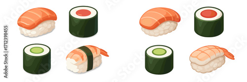 Various types of sushi displayed on a clean white background showcasing colorful and appealing sushi pieces