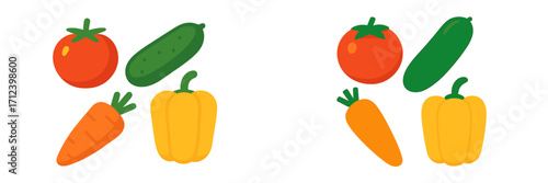 Collection of fresh colorful garden vegetables including ripe tomato, green cucumber, orange carrot, and yellow bell pepper