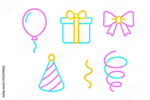 Festive decorations featuring balloons, gifts, and ribbons for a vibrant party atmosphere