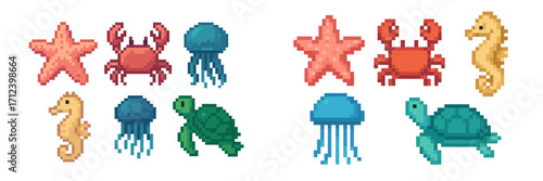 Colorful pixel art of various sea creatures including crabs, starfish, jellyfish, seahorses, turtles, and more