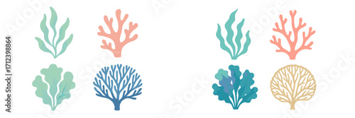 Colorful aquatic plants and corals displayed in a playful arrangement on a white background
