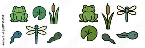 Colorful collection of frogs, dragonflies, and aquatic plants in a vibrant pond setting