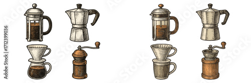 Different coffee brewing methods arranged in a graphic display featuring French press, Moka pot, and pour-over essentials