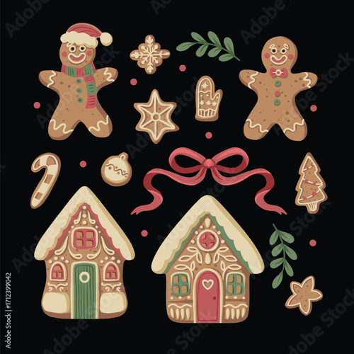 Christmas gingerbread gingerman isolated cookies houses bow mitten snowflake star candy festive set