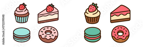 Colorful dessert illustrations with cupcakes, cake slices, and donuts displayed on a light background