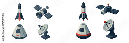 Exploring space technology with rockets, satellites, and communication dishes in a modern design