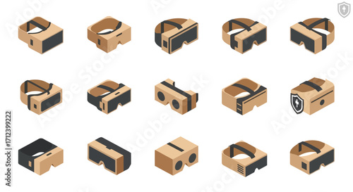 Isometric Virtual Reality Cardboard Goggles Icon Set.