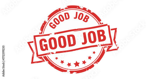 Red stamp with "Good Job" text, ribbon, and grunge effect.