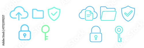 Collection of minimalist security and cloud storage icons showcasing file management and protection concepts with a modern design