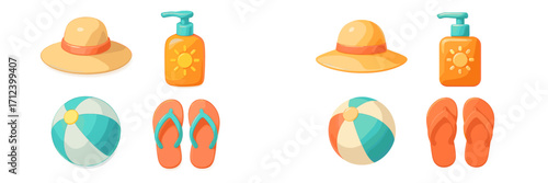 Summer beach essentials display featuring hats, sunscreen, beach balls, and flip-flops