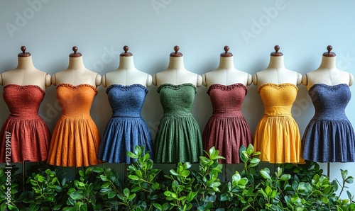Row of colorful women's dresses on mannequins