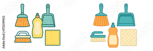 Cleaning tools and supplies arranged for home cleaning tasks in a bright, colorful illustration