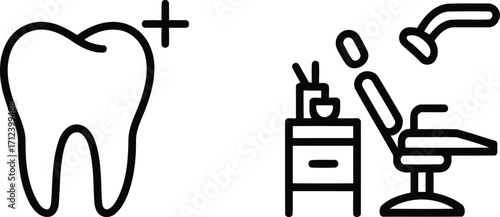 Modern Dentistry Icons Showing Tooth with Plus, Dental Tools on a Cart, and A Stylized Patient Chair for Clean Design